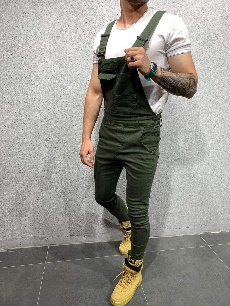 LONGBIDA Men's Denim Bib Overalls Fashion Slim Fit Jumpsuit with Pockets(Green,M) - Image 3